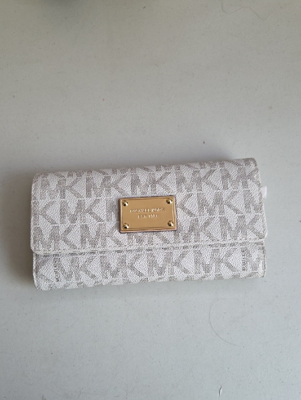 Michael Kors Cream MK Logo Continental Wallet with Gold Plaque
